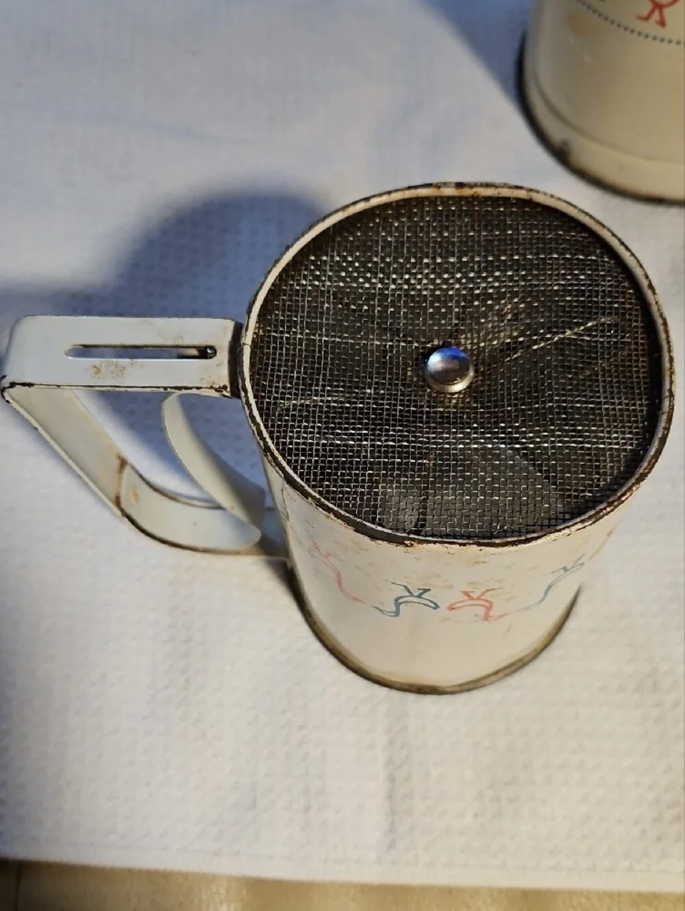 Vintage Androck Large & Small Flour Sifters with Blue & Red Bird Motif